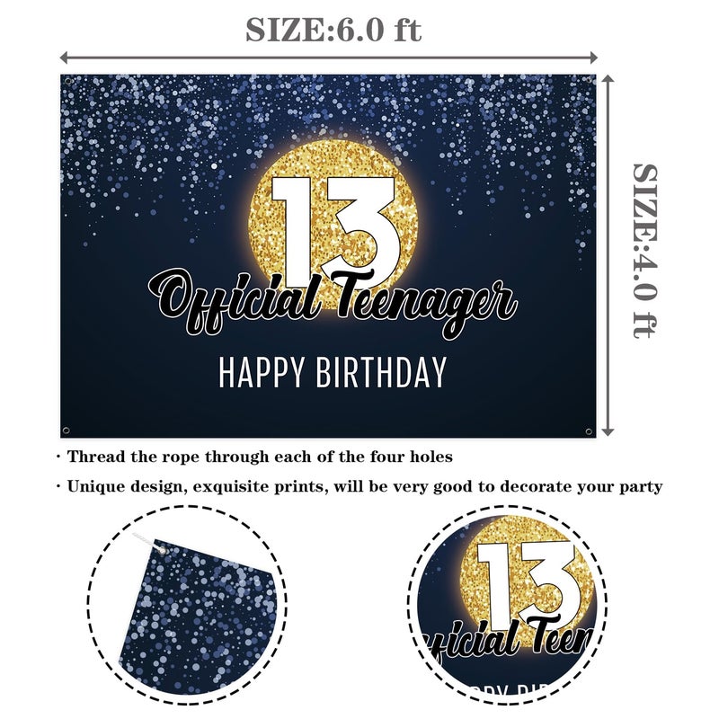 INNORU Large 13th Birthday Backdrop Banner, Happy 13th Birthday Poster Backdrop, Teenager Thirteen Bday Party Home Outdoor Decoration Sign 6x4 ft - Image 2